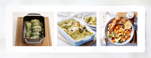 Cannelloni van groene kool met varkensgehakt - Ovenschotel met griet, aardpeer en broccoli - Warme groentesalade met kipsaté - (c) VLAM, Lekker van bij ons
