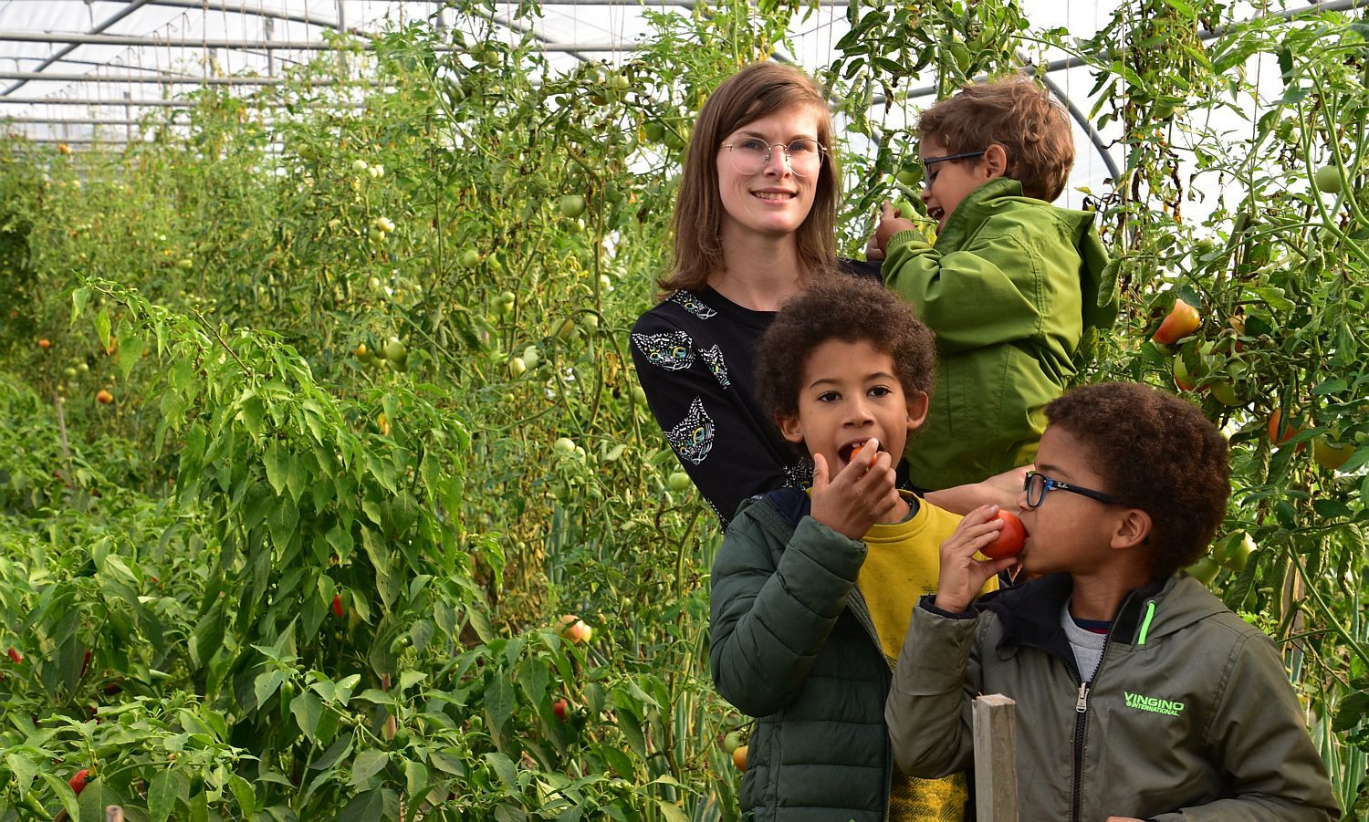Yannick en haar drie jongens in de tomatenserre - (c) VLAM, P. De Laet